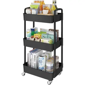 3-Tier Storage Carts,Multifunction Utility Rolling Cart Kitchen Storage Organizer,Mobile Shelving Unit Cart with Lockable Wheels for Bathroom,Laundry,Living Room,With Classified Sticker,Black