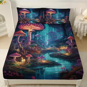 Mushroom Print Fitted Sheet Set 3 Piece Bedding Set with Pillowcases 1 Fitted Sheet 2 Pillowcases for Bed Protection Decorative Bedding Sets Queen King Size