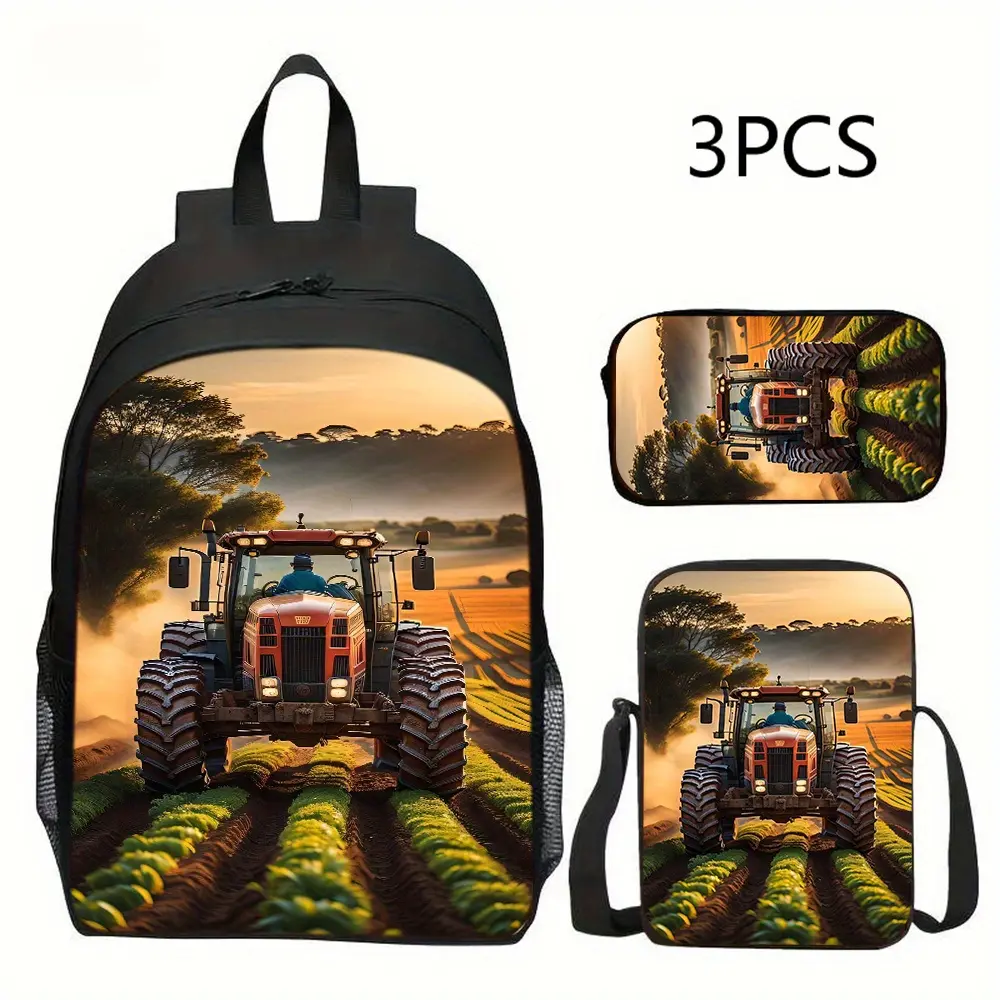 3Pcs Farm Tractor Print Backpack Set Durable 600D Oxford Cloth School Bag Insulated Lunch Box & Pencil Case Combo Adjustable Breathable Strap Large Capacity Fits 15in Laptop for Kids Teens School Travel Outdoor Use
