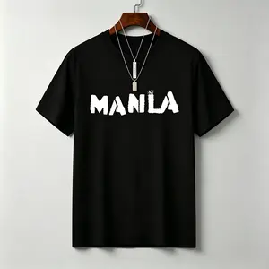 Men's Distressed Manila City Print Menswear T-Shirt - Round Neck, Bold Typography, Streetwear Style, Casual Short-Sleeve Top