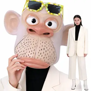 A quirky and cool gorilla latex mask + pixelated sunglasses (slide up and down), light pink skin tone, black polka dot chin, round cartoon eyes. Perfect for music festivals, carnivals, and Halloween cosplay. One size fits all.