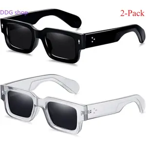 Retro Square Sunglasses 2 Pack, Unisex Trendy  for Men Women, Black Transparent Dual Frames, Full Sun Protection, Anti-Glare Lightweight Casual Eyewear, Vintage Streetwear Fashion Glasses,