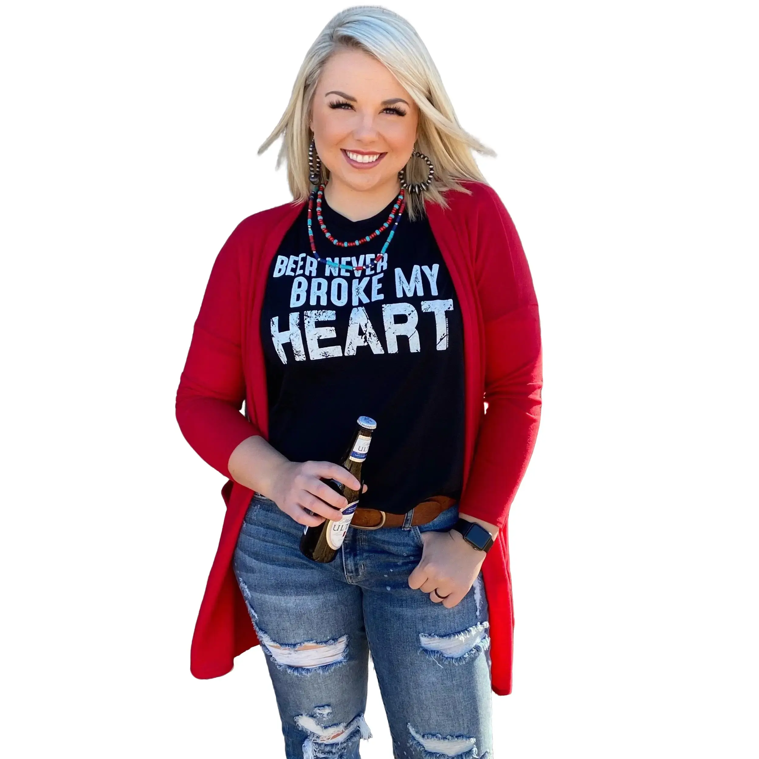 Texas True Threads Beer Never Broke My Heart Tee Women's Fitted Long Sleeve Raglan Crew Neck Casual Summer Top