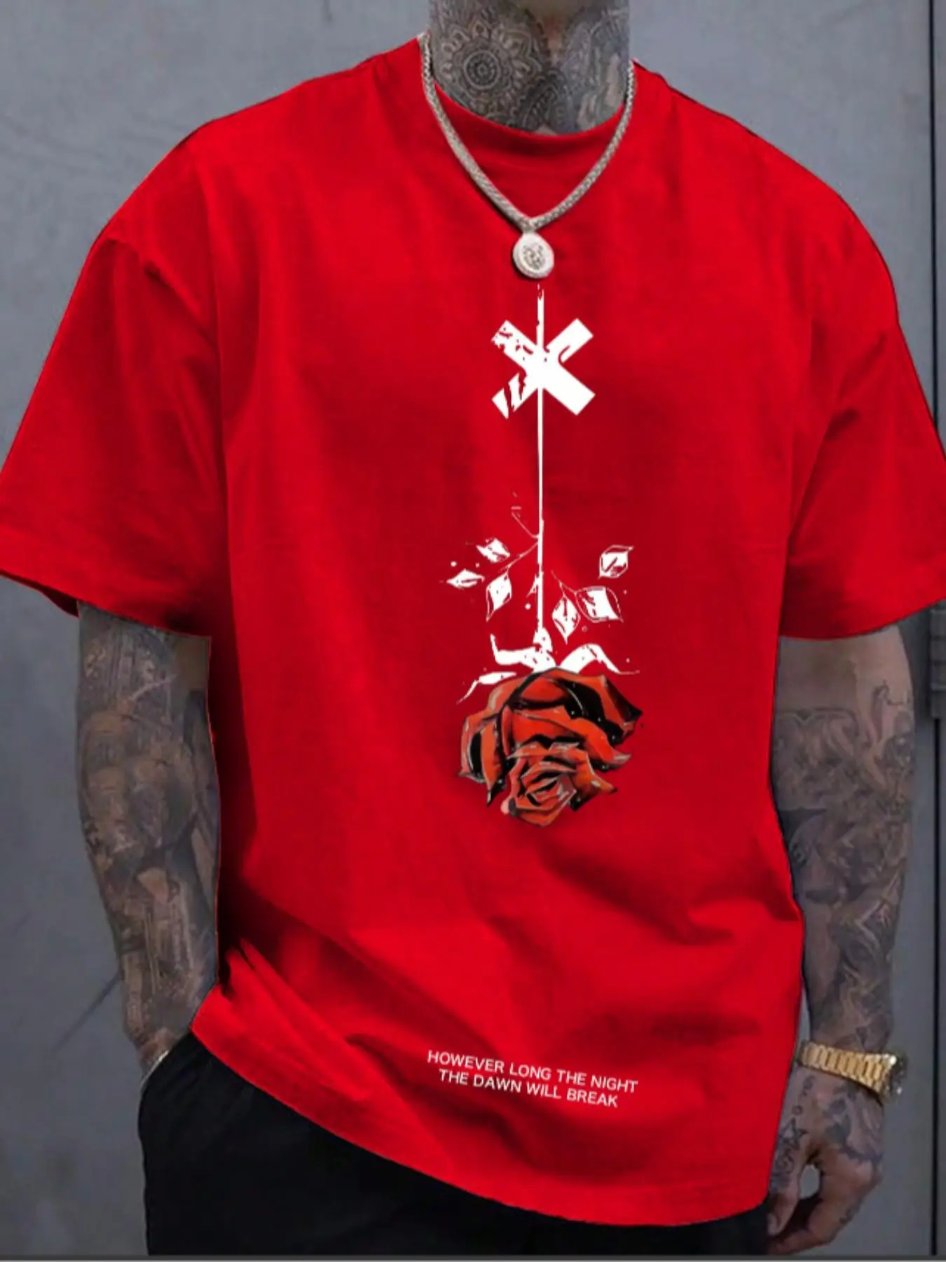 Unisex's Regular Fit Rose & Letter Print Drop Shoulder Tee, Casual Streetwear Soft Comfortable Half Sleeve Round Neck T-shirt for Summer, Menswear for