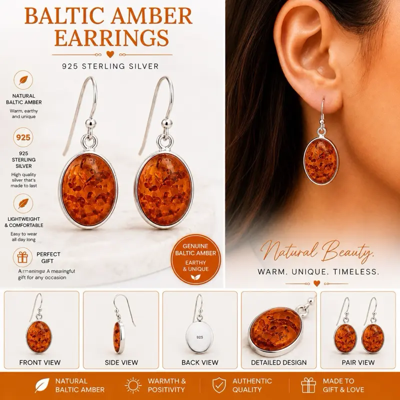 Baltic Amber Earrings – 925 Sterling Silver, Glamorous Semiprecious Stone Earrings
