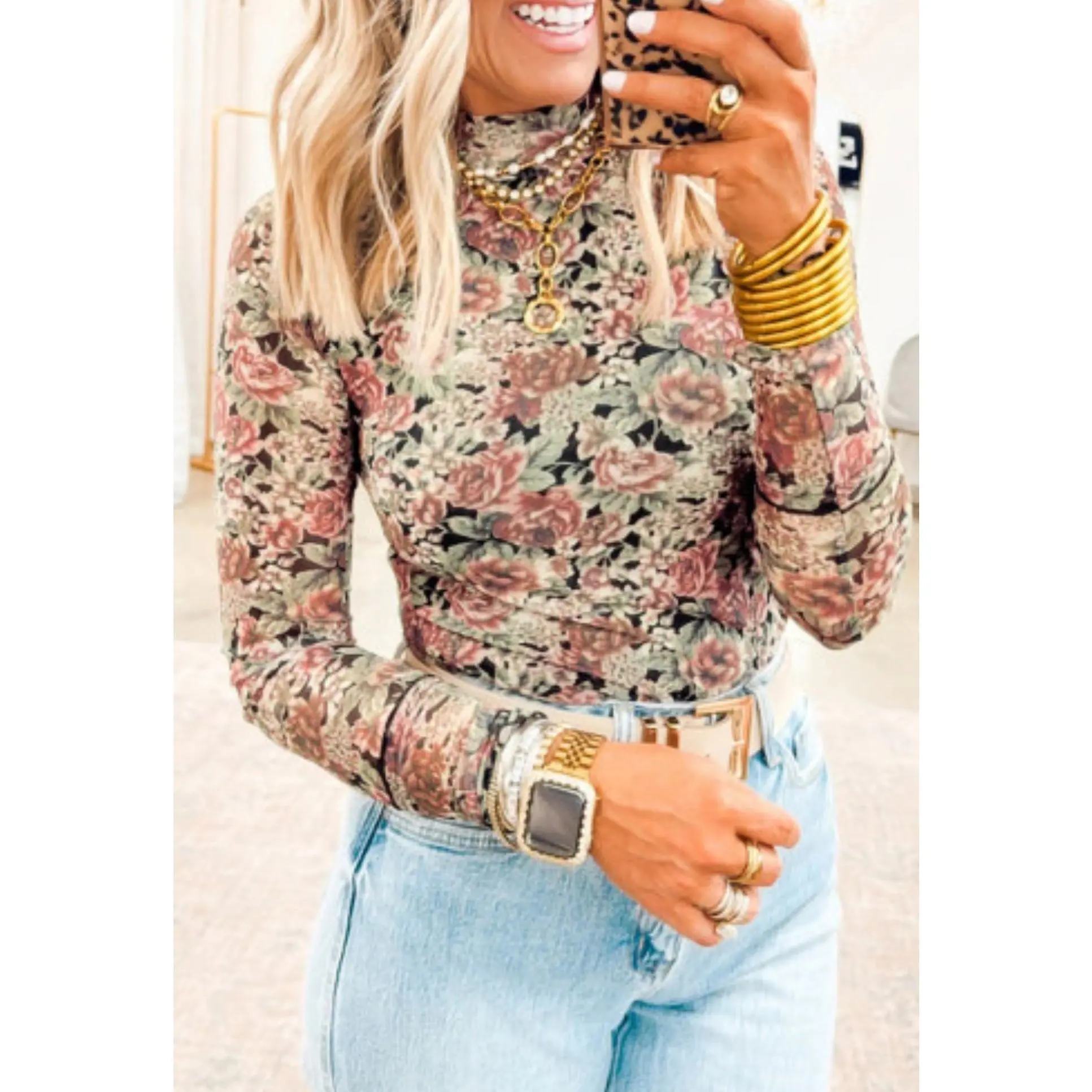 Black Retro Floral Print Mock Neck Mesh Long Sleeve Top