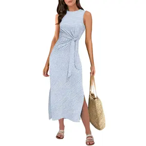 ANRABESS Womens Summer Casual Sleeveless T Shirt Midi Dress Slim Fit Tie Waist Split Tank Long Dresses 2026 Vacation Sundress