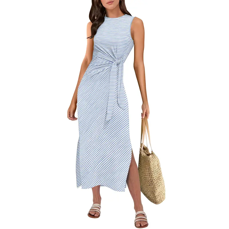 ANRABESS Womens Summer Casual Sleeveless T Shirt Midi Dress Slim Fit Tie Waist Split Tank Long Dresses 2026 Vacation Sundress
