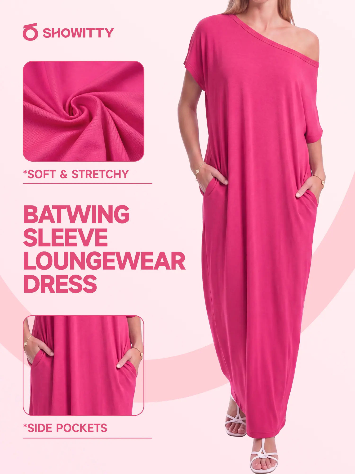 SHOWITTY One Shoulder Casual Dress Batwing Sleeve Hidden Pockets Loose Fit Summer Dress for Women