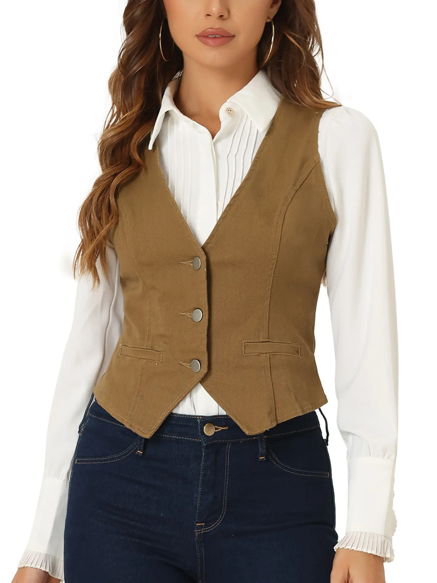INSPIRE CHIC Denim Sleeveless V Neck Button Down Jean Waistcoat Vest