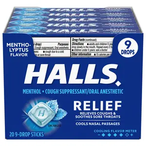 Halls Menthol Cough Drops 20 Sticks Cooling Relief Lozenges Bulk Pack 9 count