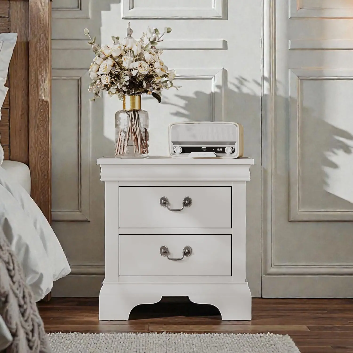 Classical White Rectangular Composite Wood Bedroom Bedside Table - 22"x16"x22.7" Hassle-Free Indoor Home Furniture