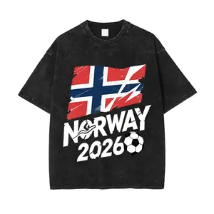 Men's Cotton Vintage Wash Norway Flag Soccer Graphic Tee - Oversized Distressed 2026 Game Day Short-Sleeve T-Shirt