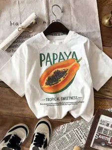 Fashion Papaya Tropical Sweet T-Shirt, Cute Fruit T-Shirt, Vintage Local Market Fruit Papaya Shirt, Women's Round Neck Top, Casual Loose-Fit Half Sleeve, Womenswear