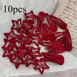 10pcs Red Star Waterdrop Shaped Snap Hair Clips Simple Hollow Forehead Broken Hair Clip Sweet Side Bangs Fixed BB Clip