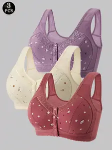 Spring Summer Plus Size Women's Cotton Wireless Backless Bra, Casual Lace Trim Printed Backless Vest Top, Comfortable Underwear