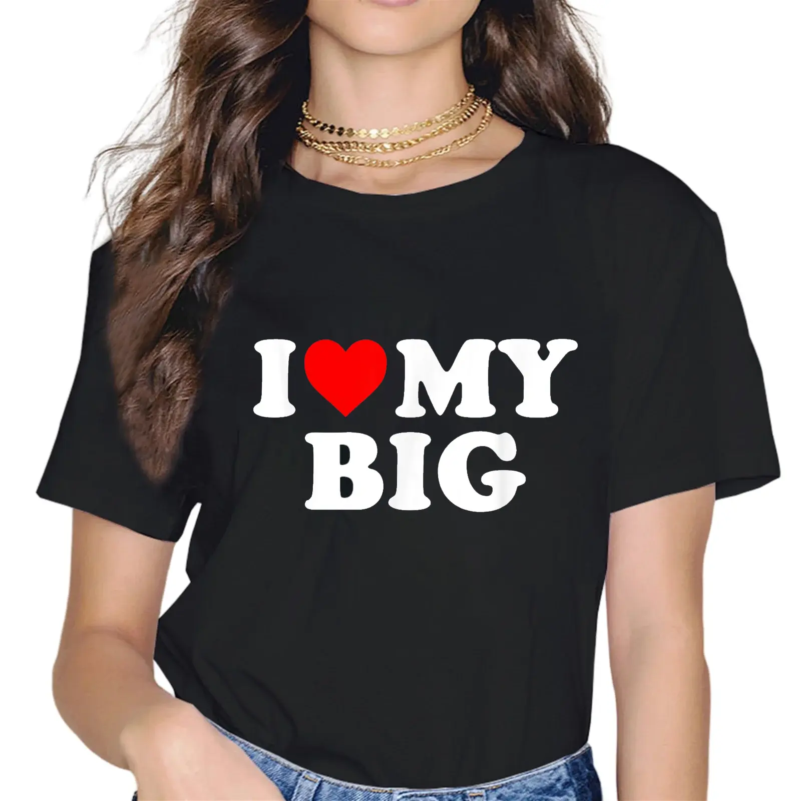 Women's 100% Cotton Casual Short-Sleeve Graphic T-Shirt - Round Neck, Relaxed Fit, Funny Slogan, Playful Vibe, Vintage Streetwear, I Heart My Big Love Sorority Matching Top