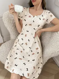 Square Collar Ribbed Nightdress With Teddy Bear And Bow Print Designed For Comfortable Home Lounging