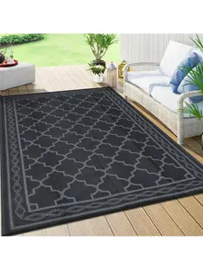 Black gray-9*12 feet Waterproof Outdoor Area Rug Modern Plastic Straw Camping Stain Resistant Carpet Geometric Reversible Floor Mat UV-Resistant Light Weight Portable Indoor Outdoor Area Rug For Backyard Deck Picnic Porch Beach RV Trip