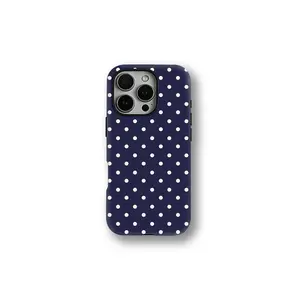1PC Cream Polka Dot Phone Case For iPhone 17 Pro Case - Navy Blue Aesthetic, Compatible with iPhone 17 Pro Max Cases Girls| 16 15 14| iPhone 13 Phone Case 12 11 Air| Military-Grade Shockproof|Holiday Gifts For Family,Friends,Self Use.