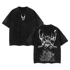 Venom Movie Floral Epic Panther Graphic T-Shirt, Heavyweight Cotton Retro Acid Washed Tee, Grunge Cyber Y2K Streetwear Straight Regular Fit Unisex Short Sleeve Top, Stylish Designer Apparel For Movie Fans Casual Daily Holiday Party Wear