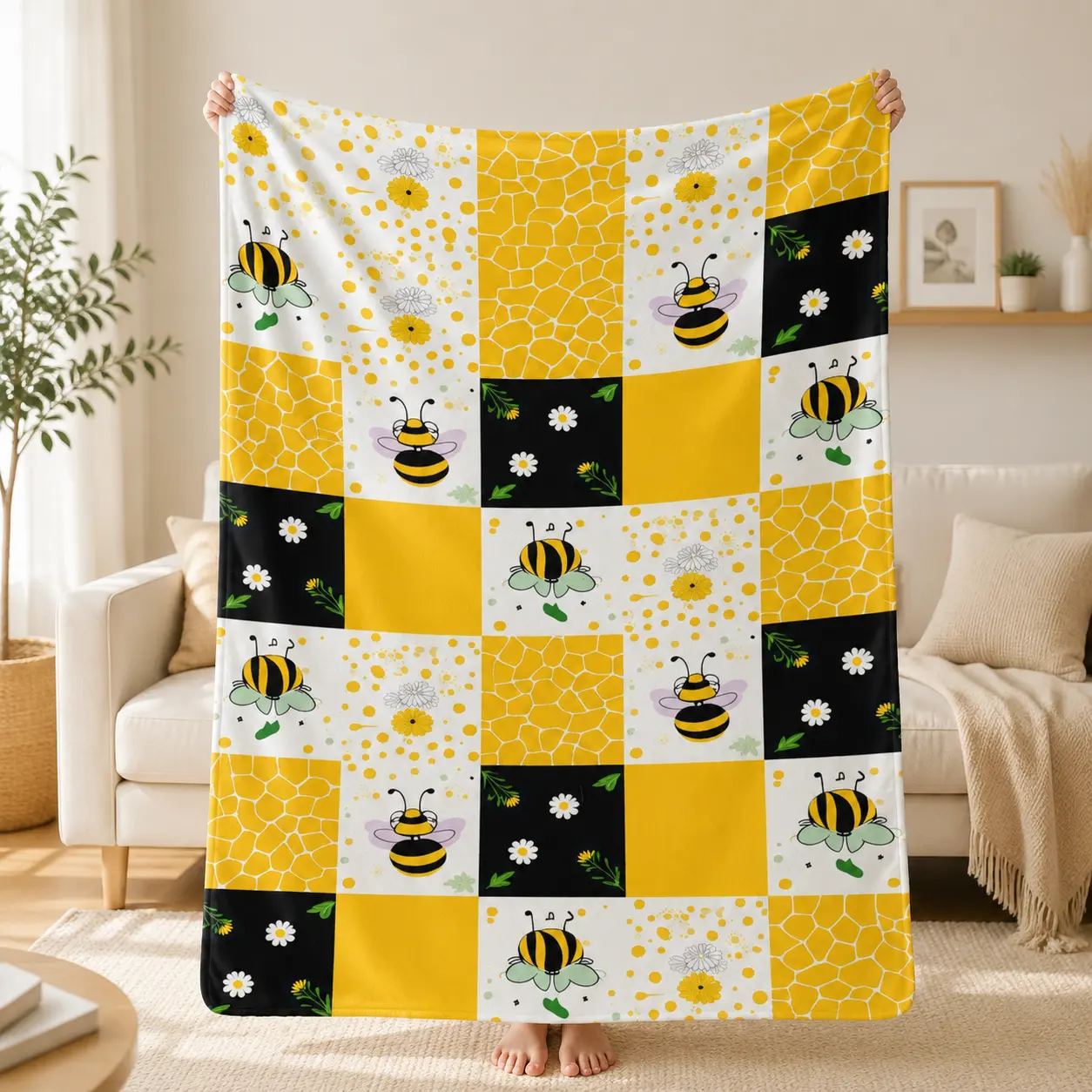 Yellow Black Patchwork Bee Honeycomb Daisy Floral Throw Blanket Soft Flannel Cozy Blanket Farmhouse Cottagecore Nature Home Decor Gift