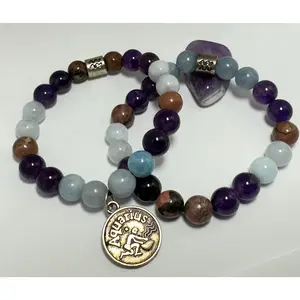 AQUARIUS Astrology Zodiac Bracelet - January February - Crystal Healing Jewelry - Aquamarine - Amethyst - Rhodonite - Moonstone
