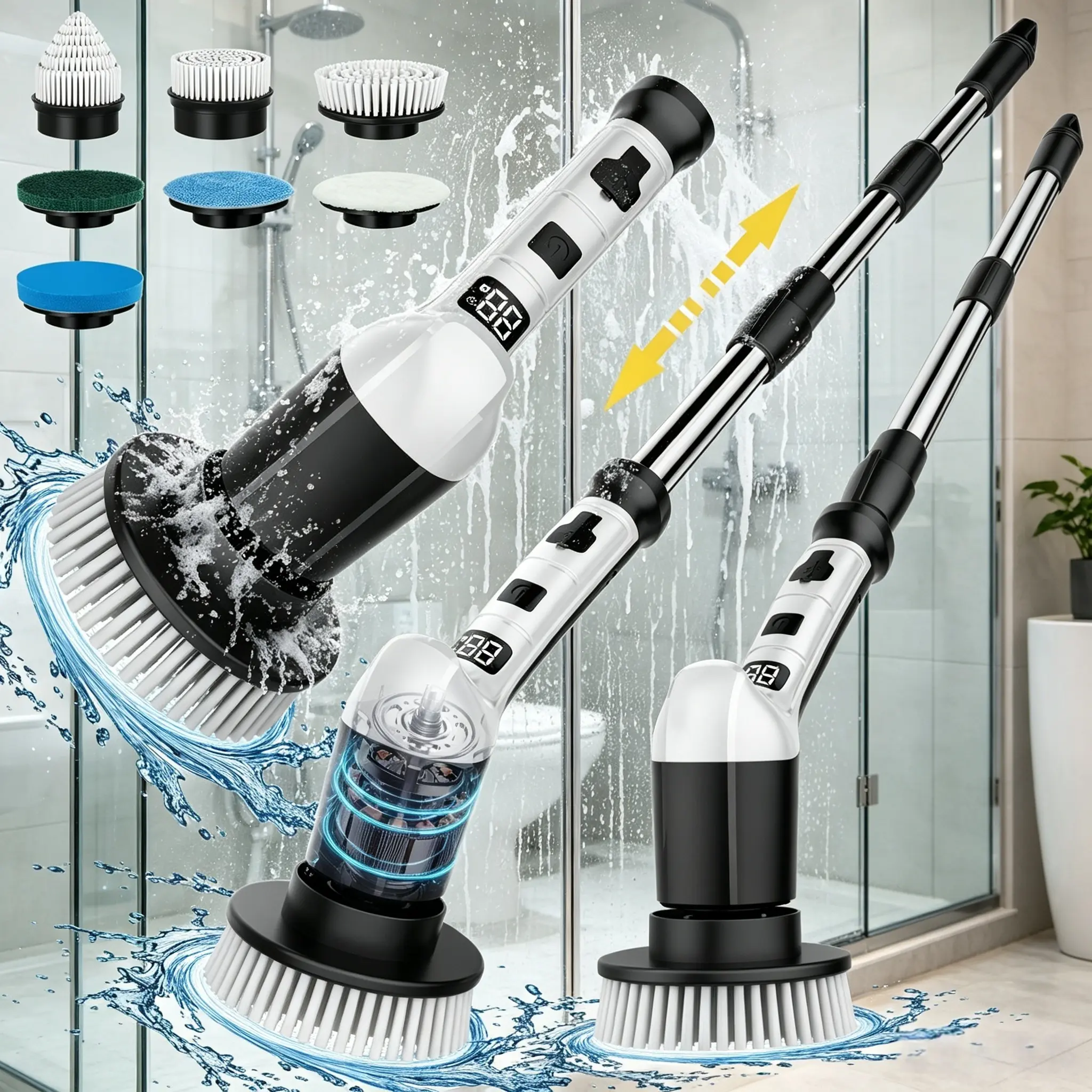 Black LCD Display Electric Surface Cleaner Brush - ABS Plastic, 3-Speed Adjustable, Extendable Handle, Replaceable Head, Waterproof, Fast-Charging, 280 RPM, 100-Min Runtime, Spin Cleaning for Daily Bathroom, Kitchen Use, Fastcharging