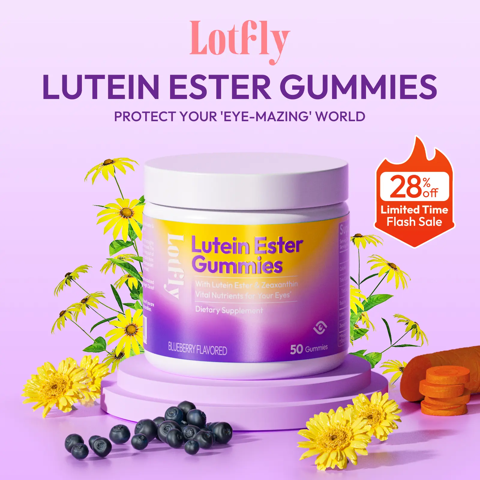 LOTFLY Lutein Ester Gummies | Blueberry Flavor, Individually Packed Supplement with Lutein & Zeaxanthin for Eye Health, Natural Antioxidant, Dietary, Fitness & Healthcare