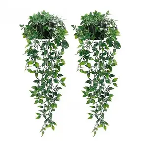 2-Count Artificial Hanging Vine Plants in Pots, Realistic Faux Potted Greenery, Decorative Ornament for Home Office Indoor Outdoor Garden Shelves, Summer Vibes
