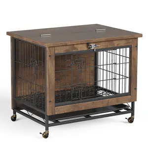 Small Dog Crate Furniture with 2 Doors and Wheels, Heavy Duty Wooden Indoor Kennel Dog House Cage Side End Table for Small Medium Dogs Anti-Chew Rustic Brown