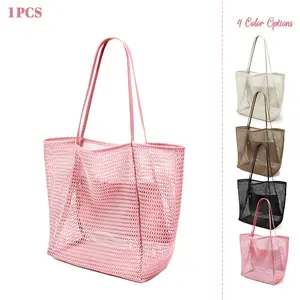 4 Colors Mesh Beach Tote Bag, Large Capacity Lightweight Shoulder Bag, Inner Pocket, Foldable Summer Tote for Pool Vacation Travel