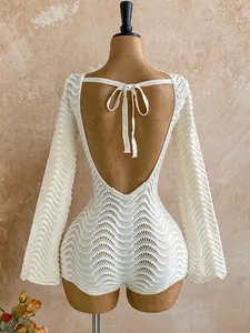 Women Boho White Crochet Knit Romper Summer Hollow Out Long Flare Sleeve Backless Tie Up One Piece Jumpsuit Beach Vacation Bohemian Bodysuit Casual See Through Knitted Playsuit