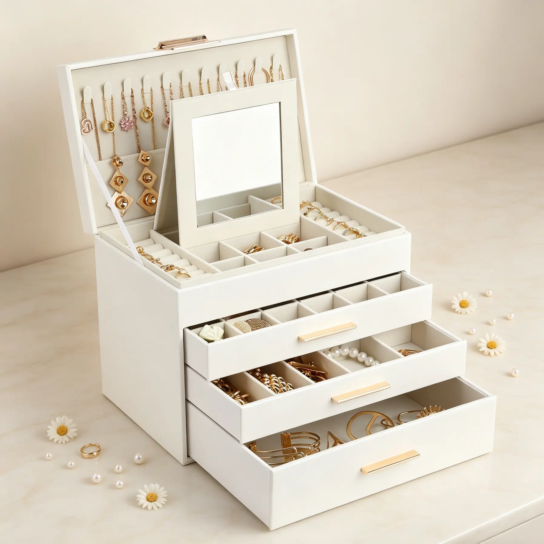 BOOVO 4-Layer Jewelry Organizer Storage Box Multifunctional Jewelry Box Jewelry Box with Makeup Mirror Large Capacity Jewelry Box Suitable for storing necklaces, rings, earrings, bracelets, brooches, glasses
