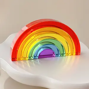 Transparent Acrylic Rainbow Arch Decor Modern Colorful Desk Ornament Kids Playroom Office Aesthetic Decor Stackable Crystal Blocks Party Gift for Boys and Girls Home Decoration