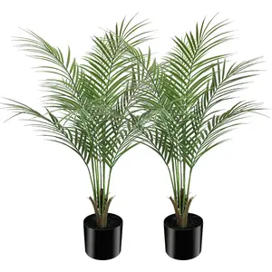 2 Packs 35 Inch Faux Areca Palm, 9 Leaves Small Potted Tropical Plant for Home Office Desk Shelf Indoor Decor - No Maintenance