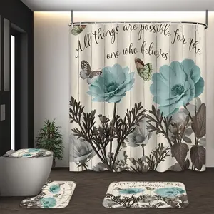 LVRLVR 4Pcs Teal Flower Butterfly Inspirational Quote Print Rustic Farmhouse Multi-Color Shower Curtain Set 70.8×70.8 Inch
