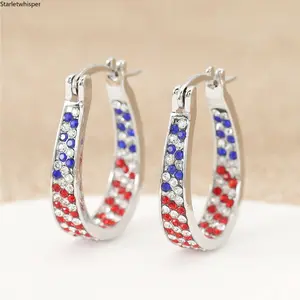 Independence Day Two-Tone Red Blue Hoop Earrings, Sparkling Rhinestone Inlaid Circle Ear Rings, Stylish Patriotic Ear Jewelry for Women, Perfect for Holiday Parties, Festival Events and Daily Fashion Matching