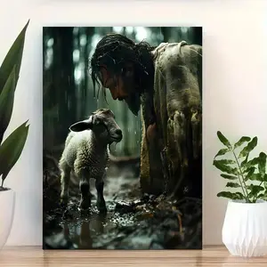 1pc of Solid Wood Framed Canvas Mural Decoration, Jesus Saves The Lamb Wooden Framed Printed Artwork Wall Decoration, Can Be Hung Directly on The Wall, Holiday Gift, Christmas, Mother'S Day, Halloween, New Year Decoration, Home Decoration Hanging Pai