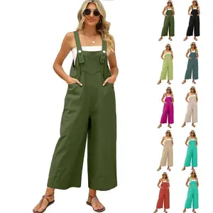 Women's Summer Cotton Linen Bib Overalls Baggy Sleeveless Adjustable Wide Leg One Piece Jumpsuits