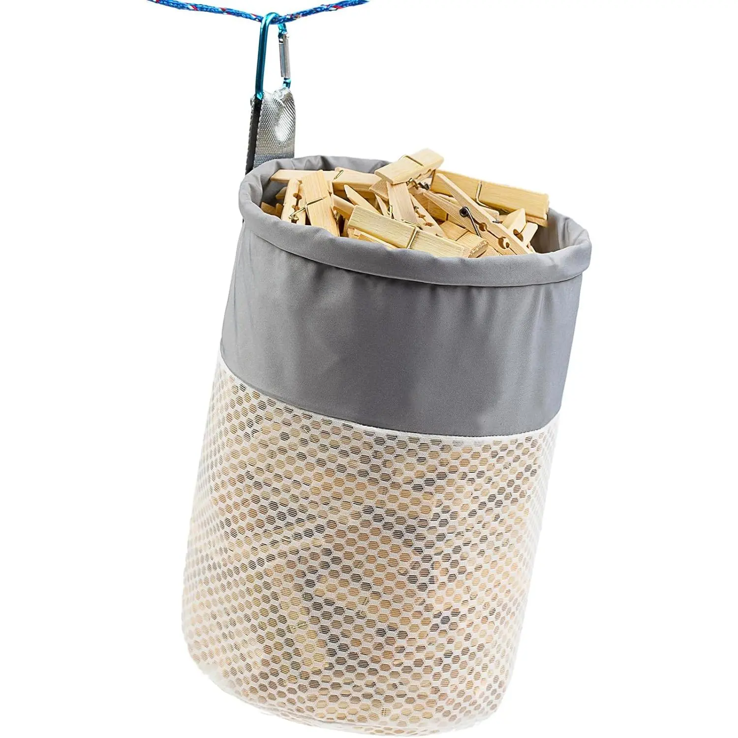 Mesh Clothespin Bag Holder Outside, Ventilation and  Resistance, Multiple Hanging Methods Clothes Pin Bag with Drawstring Closure, Large-Capacity Clothespin Storage Organizer with Hooks