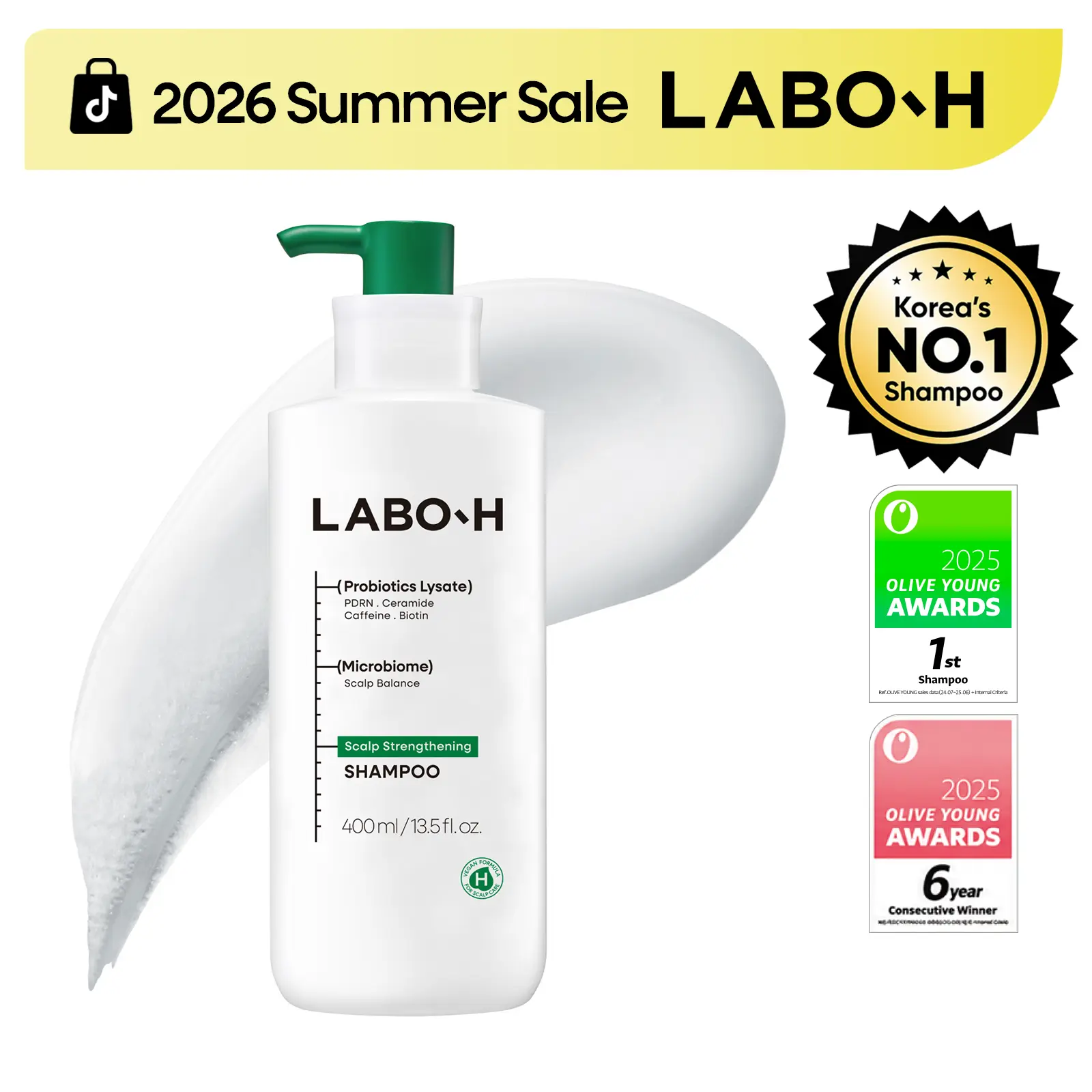 LABO-H Scalp Strengthening Shampoo | PDRN and Biotin for Hair Loss and Hair Growth | Korean Haircare | Silicone-Free Vegan