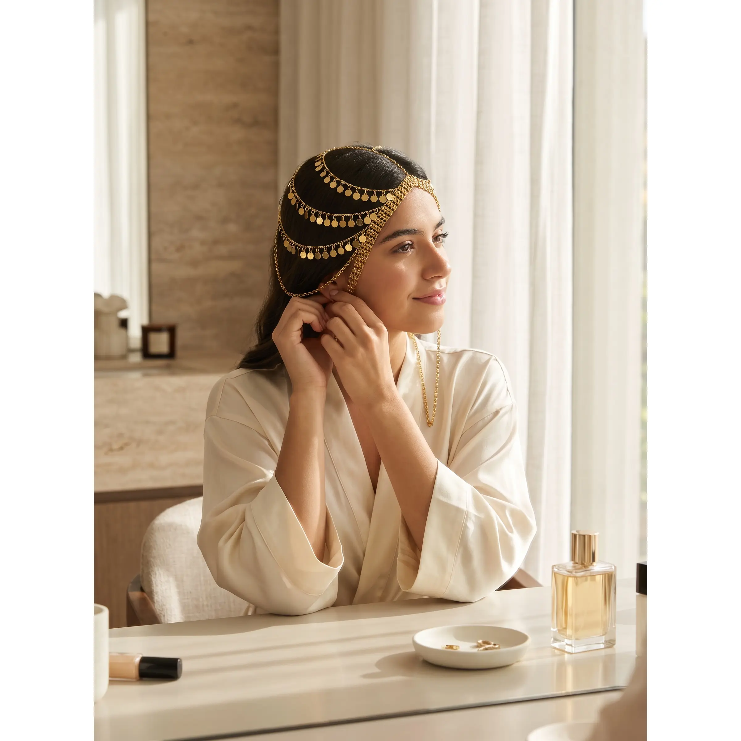 Middle Eastern Arab Gold-Tone Coin Headpiece – Traditional Bridal Hair Chain Headdress 7175