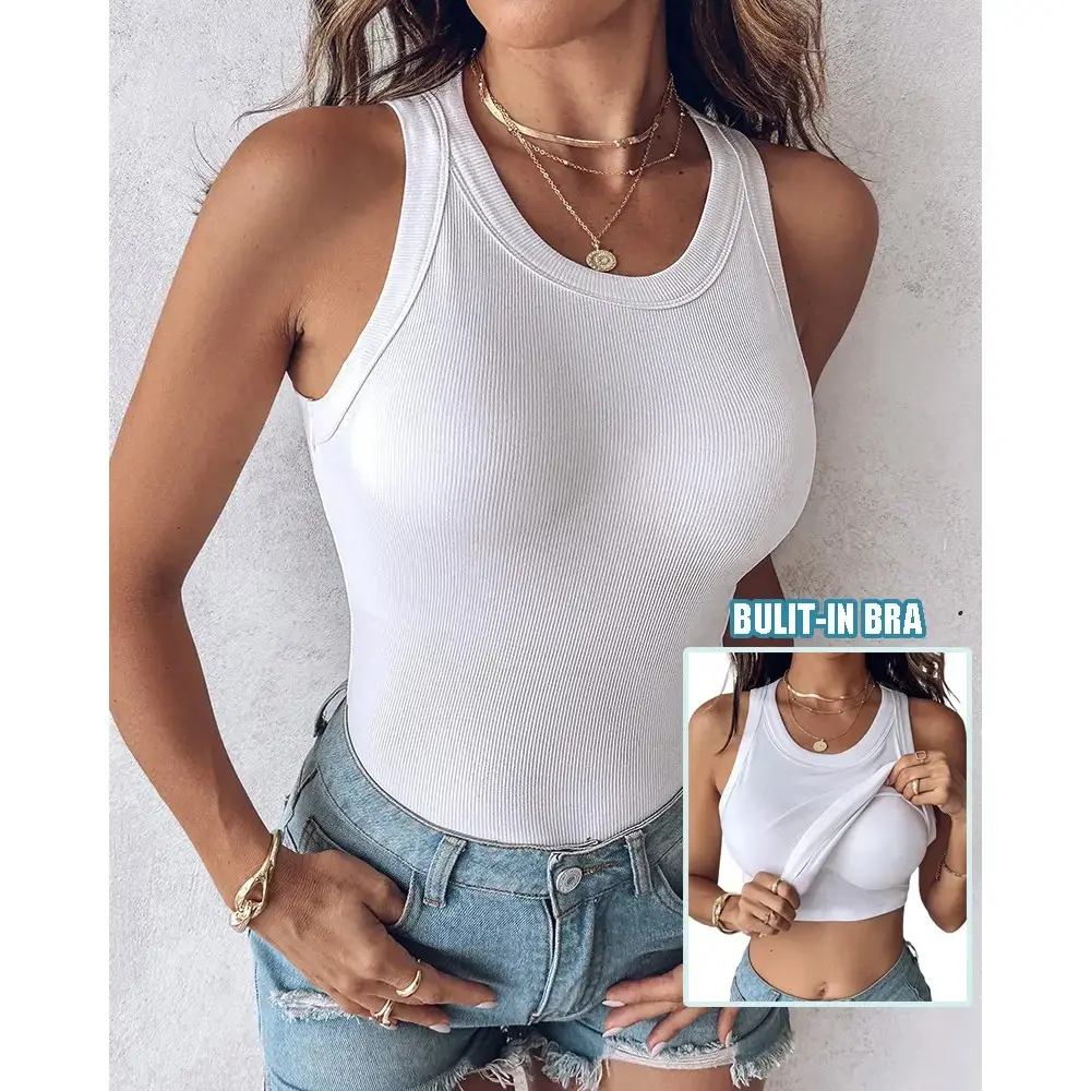 Women Built-in Bra Tank Tops Sleeveless Casual Shirts Racerback Ribbed Fitted Tank Tops