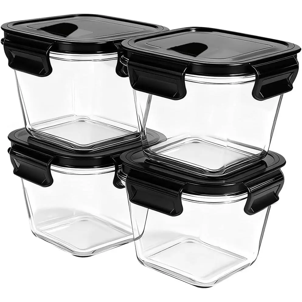 32oz Square Glass  Storage Containers with , 4 Cup Glass Soup Containers, Heat-Resistant  Square Meal Prep Bowls for Microwave, Freezer, Dishwasher safe (4Packs)