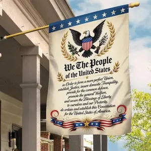Faux Patchwork We The People Garden Flag US Constitution Preamble, Vintage Patriotic Semiquincentennial Yard Decor, Print Only