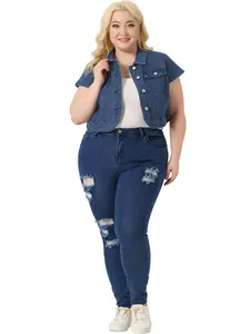 Agnes Orinda Plus Size Short Sleeve Denim Jackets for Women Y2K Button Down Tops Streetwear Cropped Jean Jacket