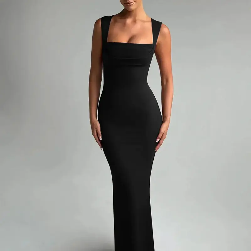Women's Solid Color Square Neck Bodycon Tank Dress, Elegant Sleeveless Long Dress for Party Night Out Holiday, Ladies Summer Clothes Womenswear, Elegant Party Apparel, Chic Evening Dresses, Formal Wear, Bodycon Fit Dress, Chic Elegant Fitted
