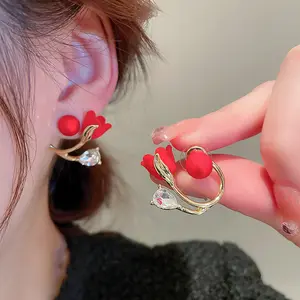 Women's New Red Tulip Flower Earrings, Two-Wear Style, Elegant and Fashionable, Unique Back-Hanging Earrings E50018-EH