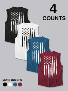 Men's Distressed American Flag Sleeveless Casual Graphic Tank Top – Trending Patriotic Streetwear, Athletic Tank Tops, Viral USA Pride Menswear Workout Vest (4-Pack, Multiple Colors)